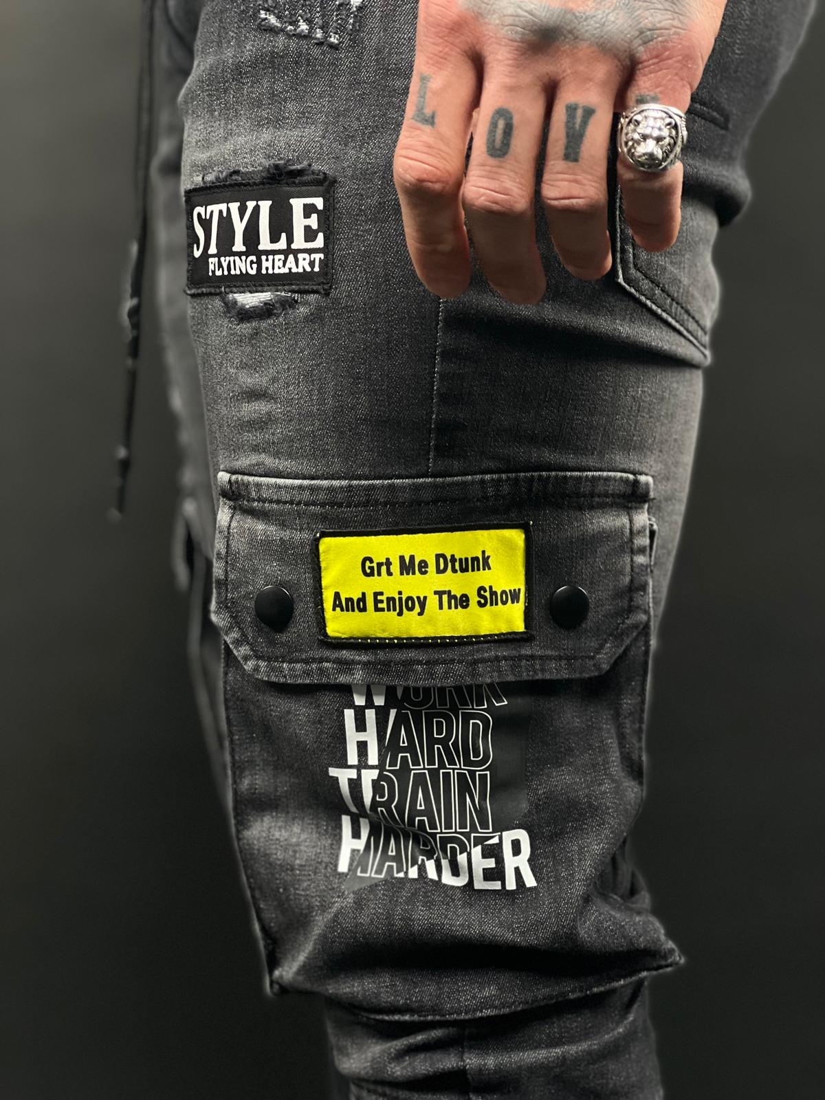 מכנסי Cargo Cargo אפור כהה Stretch Denim Jogger עם טלאים – דגם S10