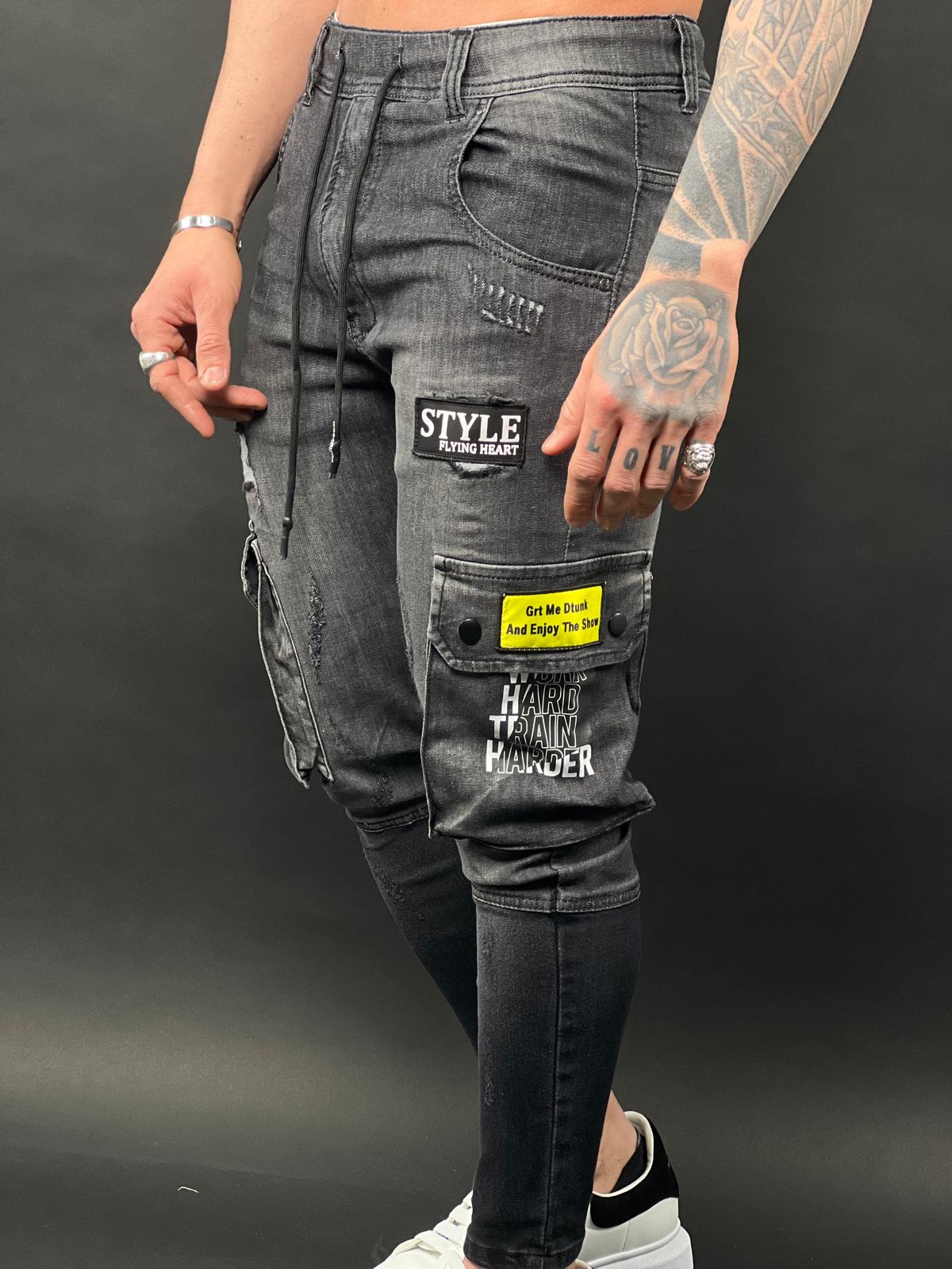 מכנסי Cargo Cargo אפור כהה Stretch Denim Jogger עם טלאים – דגם S10