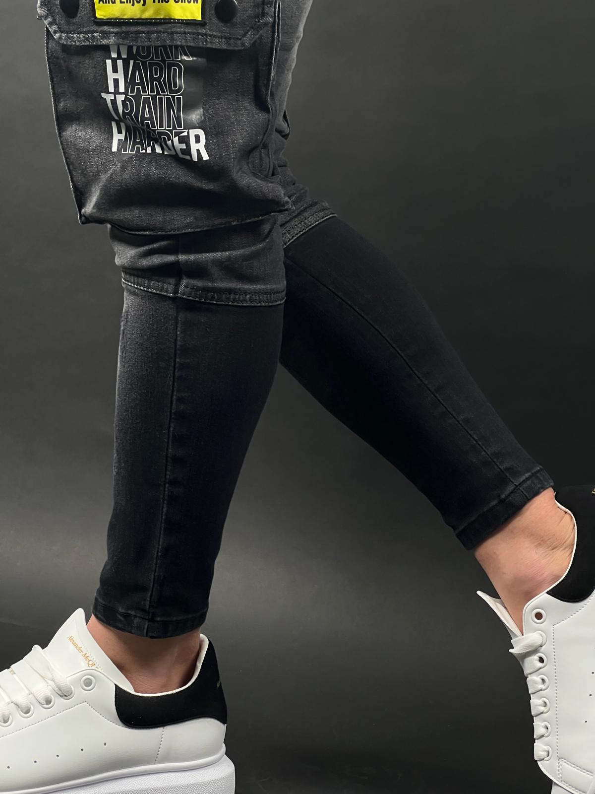 מכנסי Cargo Cargo אפור כהה Stretch Denim Jogger עם טלאים – דגם S10