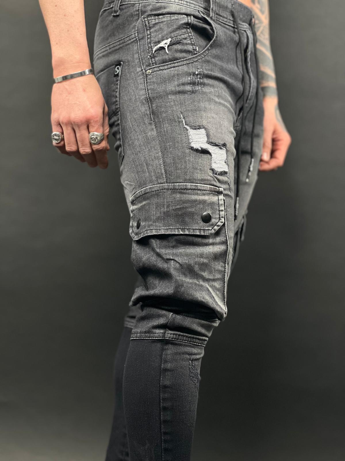 מכנסי Cargo Cargo אפור כהה Stretch Denim Jogger עם טלאים – דגם S10