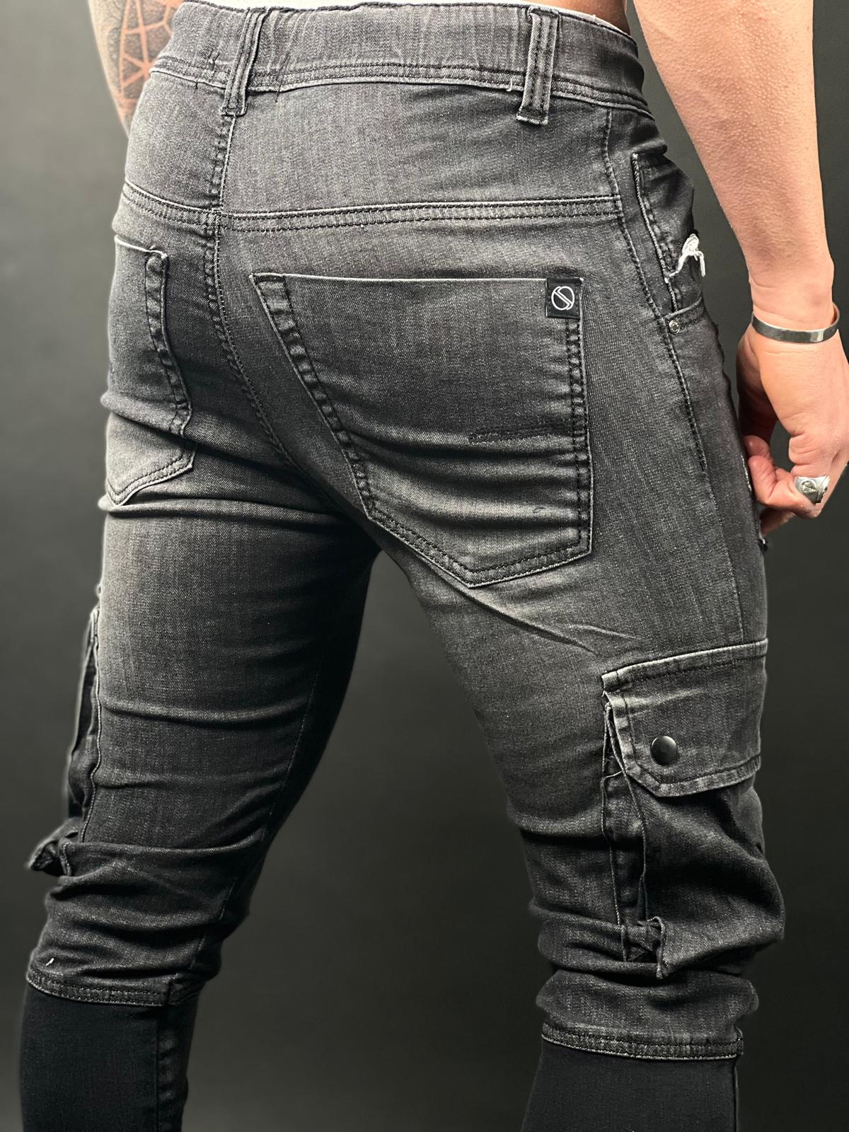 מכנסי Cargo Cargo אפור כהה Stretch Denim Jogger עם טלאים – דגם S10