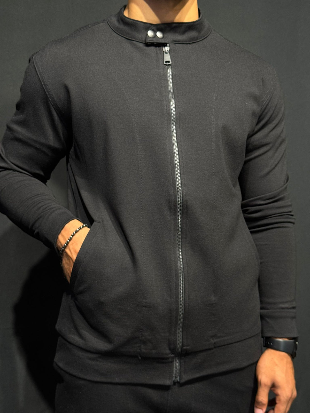 SWAG69 stretch jersey jacket, leather-look silhouette, Beige/Black - photo 4