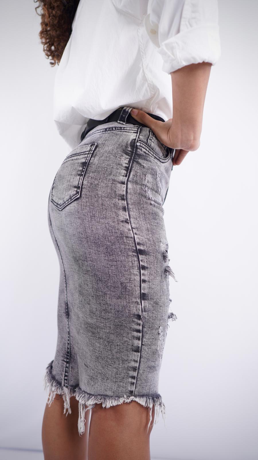 EM-S4 – Women’s Grey Midi Skirt with Front Slit & Distressed Detail
