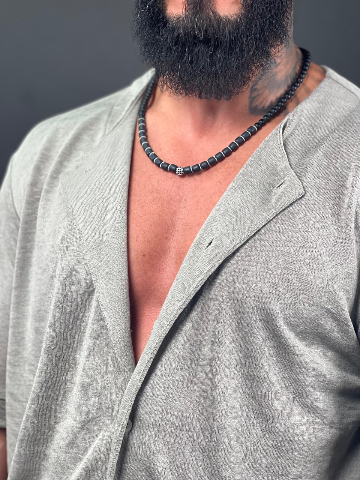 SWAG69 mandarin collar linen button-up shirt, deep V-neckline, Beige and Black, photo 18