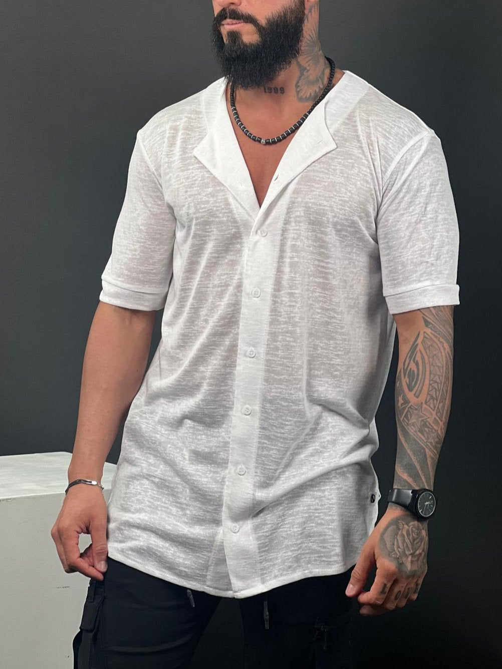 SWAG69 mandarin collar linen button-up shirt, deep V-neckline, Beige and Black, photo 12